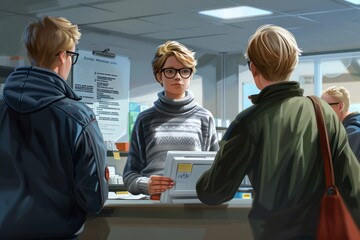 Obraz premium An elegant woman with short hair and glasses demonstrates beauty and confidence at the reception desk.