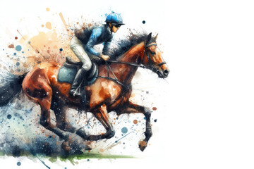 Naklejka premium Jockey on horse watercolor splash in action isolated on white background