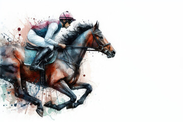 Fototapeta premium Jockey on horse watercolor splash in action isolated on white background