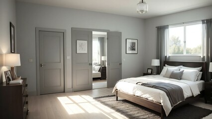 Elegant bedroom interior with sunlight streaming in, showcasing the sleek furnishings and tranquil color scheme