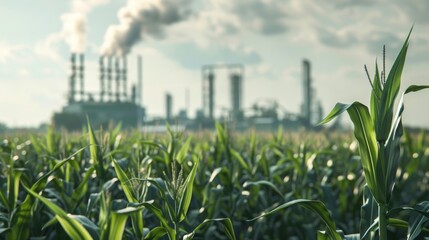 Lush green corn plants grow in the foreground while an industrial factory emits smoke in the distance under a cloudy sky.