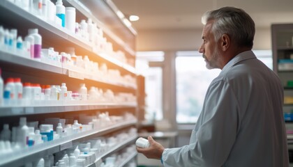 Pharmacist checking medications stocks in a pharmacy, ensuring accuracy and safety.