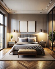 Frame mockup Bedroom A bedroom with a bed, nightstand, and a potted plant