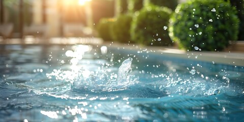 Water splashes in a pool as green topiary decorates the poolside. Concept Poolside decor, Water splashes, Topiary, Greenery, Outdoor photography