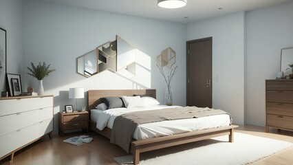 Cozy and stylish minimalist bedroom interior with natural light, wooden furniture, and neutral color palette for a serene atmosphere