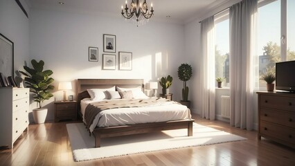 Fototapeta premium Serene and inviting bedroom interior with elegant contemporary furniture, bathed in warm sunrise light for relaxation and inspiration