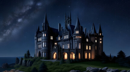 Obraz premium A majestic, gothic castle mansion, its walls a deep, dark blue, standing atop a rocky hill, surrounded by a sea of stars (4)