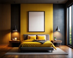 Frame mockup Bedroom A bedroom with a yellow wall and a white bed with yellow pillows