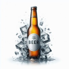 A bottle of beer with a white label in ice Isolated on white background