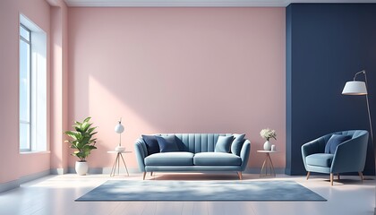 Fototapeta premium Luxury Modern Home Design with Living Room or Business Hall Scene in Light Pastel Colors. Lounge Room with Blue Sky Paint and Velor, Empty Wall in Navy Background, Pale Tone Loveseat. 3D Render.