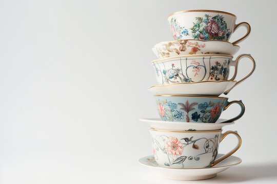 A stack of teacups with floral designs on them