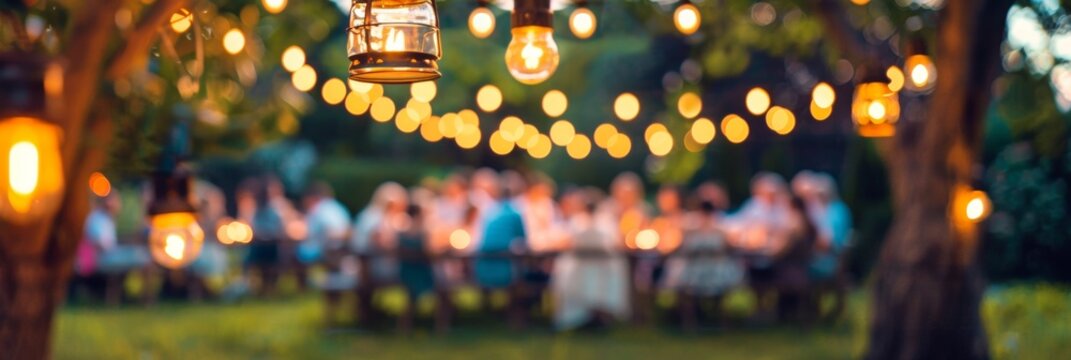 Outdoor dinner gathering with blurred group of friends under string lights during sunset. Warm, festive, and joyful atmosphere. Generated AI