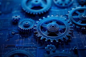 Blueprint of an elaborate gear mechanism on a dark blue background, showcasing the complexities and intricacies of machine engineering selective focus