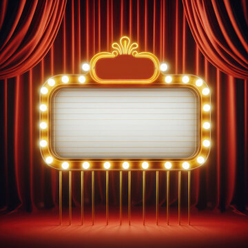 Retro billboard white sign with glowing yellow neon light bulbs on red curtain background