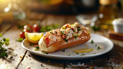A high-definition image of a gourmet lobster roll on a white plate, with a side of lemon and a light drizzle of butter, set on a rustic wooden table. - Powered by Adobe