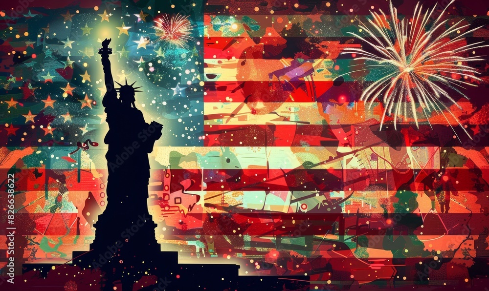 Poster an american flag with fireworks in the background behind it and an illustration of the statue of lib