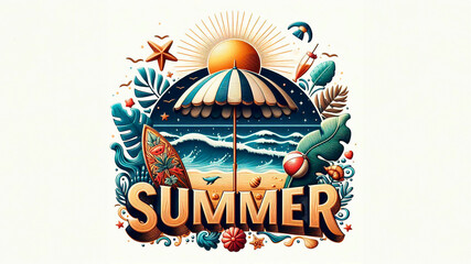 The inscription "SUMMER" on the background of a sun umbrella, sun, beach. Summer holiday concept at resort