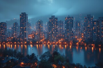 Obraz premium Atmospheric night view of illuminated high-rise buildings by the waterfront with city lights reflecting in the water