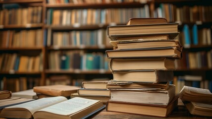 Books stacked with open book in library