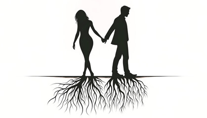 Silhouette of a couple holding hands, their roots intertwined beneath them, symbolizing deep connection and unity. Minimalist black and white design on a white background.