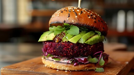 A luxury vegan burger with a beet and quinoa patty, topped with avocado and a tangy cashew cream,...