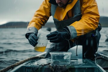 Marine Scientist Collecting Water Samples for Urgent Analysis, Microplastics Visible in Vial on Research Boat, Seeking Hopeful Solutions.