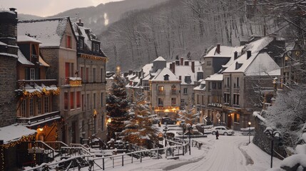 Illustration of a cozy snow-covered village with warmly lit houses, festive lights, and gentle snowfall, creating a serene winter atmosphere.