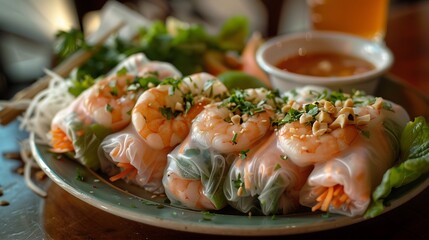 A plate of fresh spring rolls filled with shrimp, vermicelli, and herbs, with a side of peanut dipping sauce.