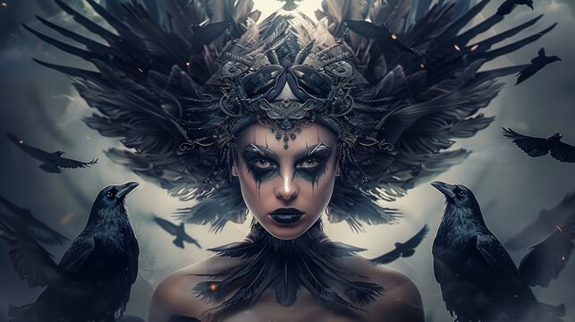 Photo of a woman in elaborate dark attire with a crown, surrounded by ravens, evoking a mysterious and gothic atmosphere.