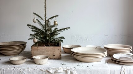 Photo of a minimalist holiday table setting with rustic ceramic dishes and a small Christmas tree...