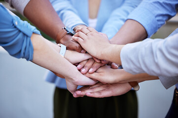 Business people, teamwork and hands stack for support or solidarity, celebration or collaboration....