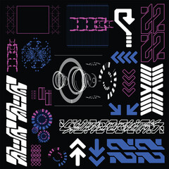 cyberpunk scifi gaming futuristic icon pattern HUD ux ui set collection template, 2d illustration rendering vector element