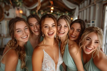 Obraz premium A radiant bride with her bridesmaids, all smiling and dressed in pastel dresses, during wedding prep