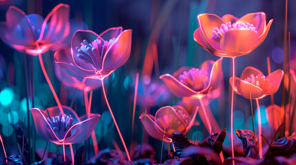 Flowers glow with neon light