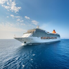 A massive cruise ship cruising through the vast ocean under a clear sky