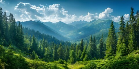 Lush coniferous forest blankets Carpathian Mountains under brilliant blue sky backdrop. Concept Nature Photography, Mountain Landscapes, Blue Sky Views, Vibrant Forest Scenery, Carpathian Mountains