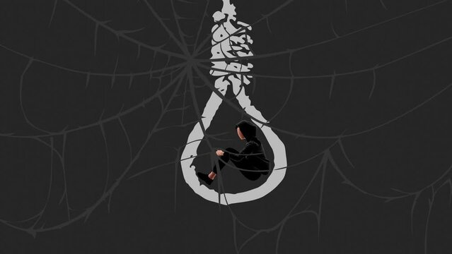 A young girl stands near the hangman's knot, and life is tangled like a spider's web.