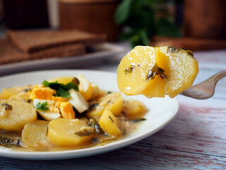 Potato and Egg Salad with Fresh Herbs on a White Plate