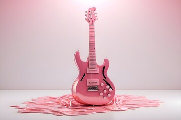 cool 3d guitar in pink color, made of metal, white background
