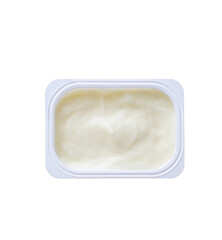 Open packing with yoghurt or tasty dessert isolated on a white background. Top view.