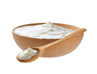 probiotic yogurt in a wooden bowl and spoon,  isolated on white background  full depth of field.