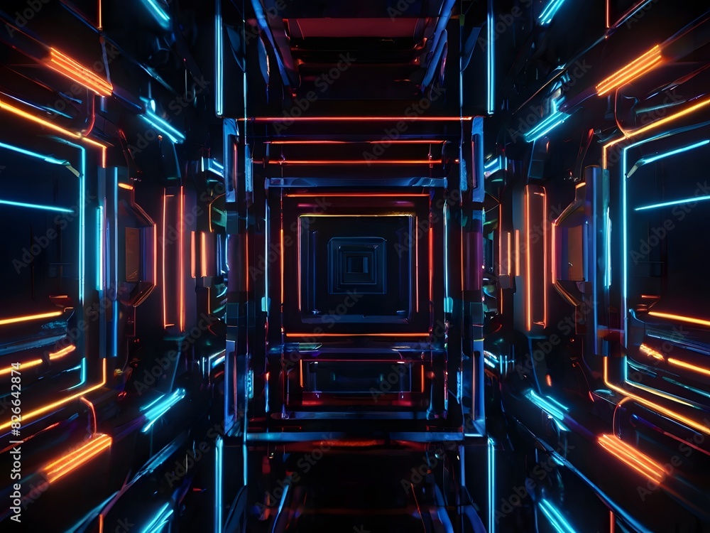 Poster abstract neon lights illuminating a dark tunnel, creating a vibrant and mesmerizing visual spectacle