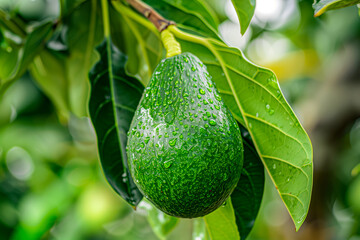 Avocado tree, green fruit, water droplets