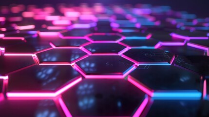 Glowing neon hexagons in a dynamic grid layout, shining on a shadowy base.