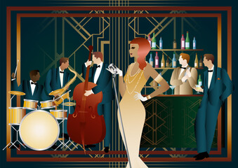 Fototapeta premium Jazz musicians and singer in a restaurant, cafe or bar. Double bass, saxophone, drum. Musicians play musical instruments
