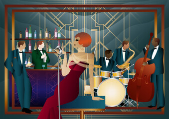 Fototapeta premium Jazz musicians and singer in a restaurant, cafe or bar. Double bass, saxophone, drum. Musicians play musical instruments