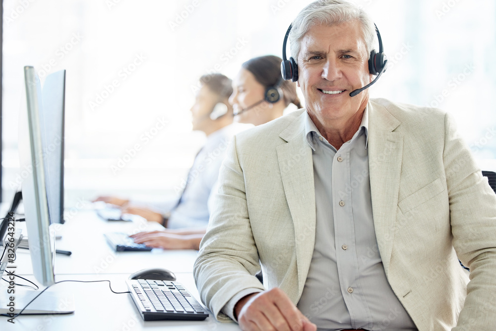 Poster happy, portrait and mature man in call center to help in customer support to chat online on computer