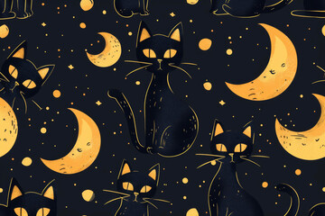 Beautiful background with cats and the moon in gold and black colors