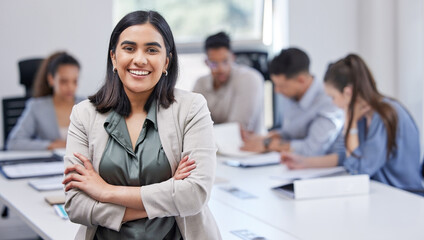 Meeting, portrait and woman with business people in office for teamwork, collaboration and planning. Entrepreneur, training and employee at startup company for learning, opportunity or career growth