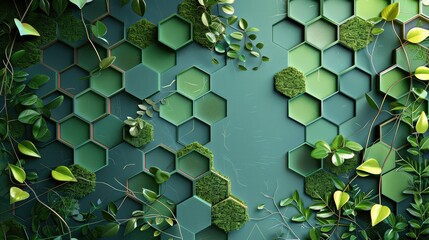 Eco-friendly hexagon design interlaced with green vines and leaves, representing sustainable tech.